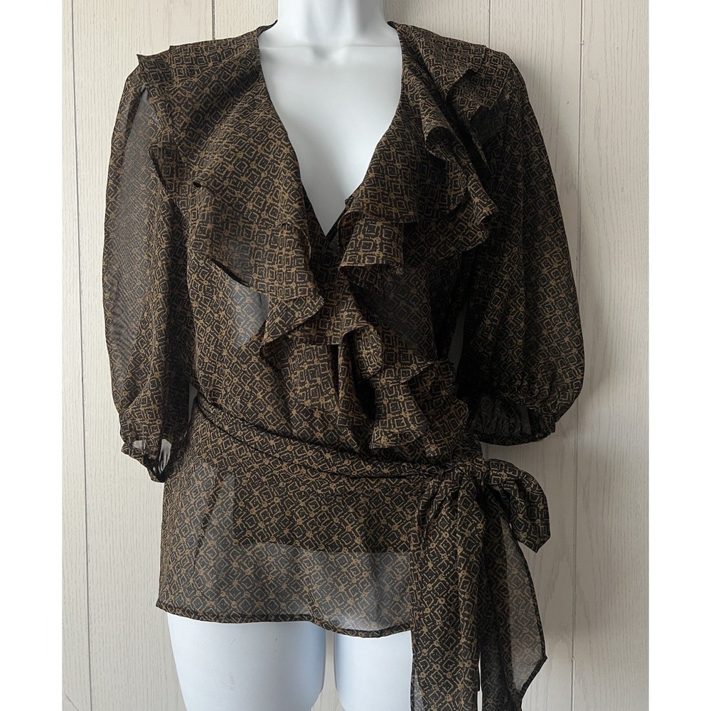 Vintage Lauren Ralph Lauren Brown Wrap Top Ruffle Deep V-neck Geo Black